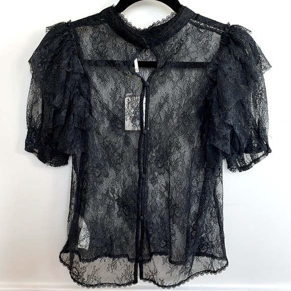 NWT FREE PEOPLE Secret Admirer blouse, black lace, puff sleeve, women’s size S - Picture 6 of 9